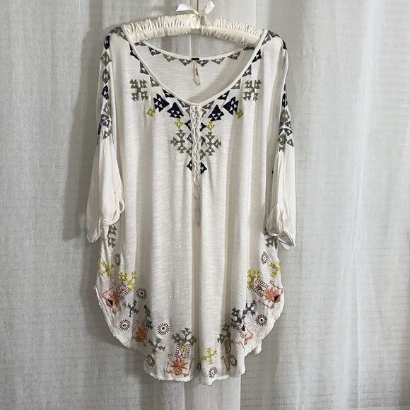 free people L Ivory Navy Peach Green Lace up Oversized Embroidered Peasant Top - Picture 3 of 14